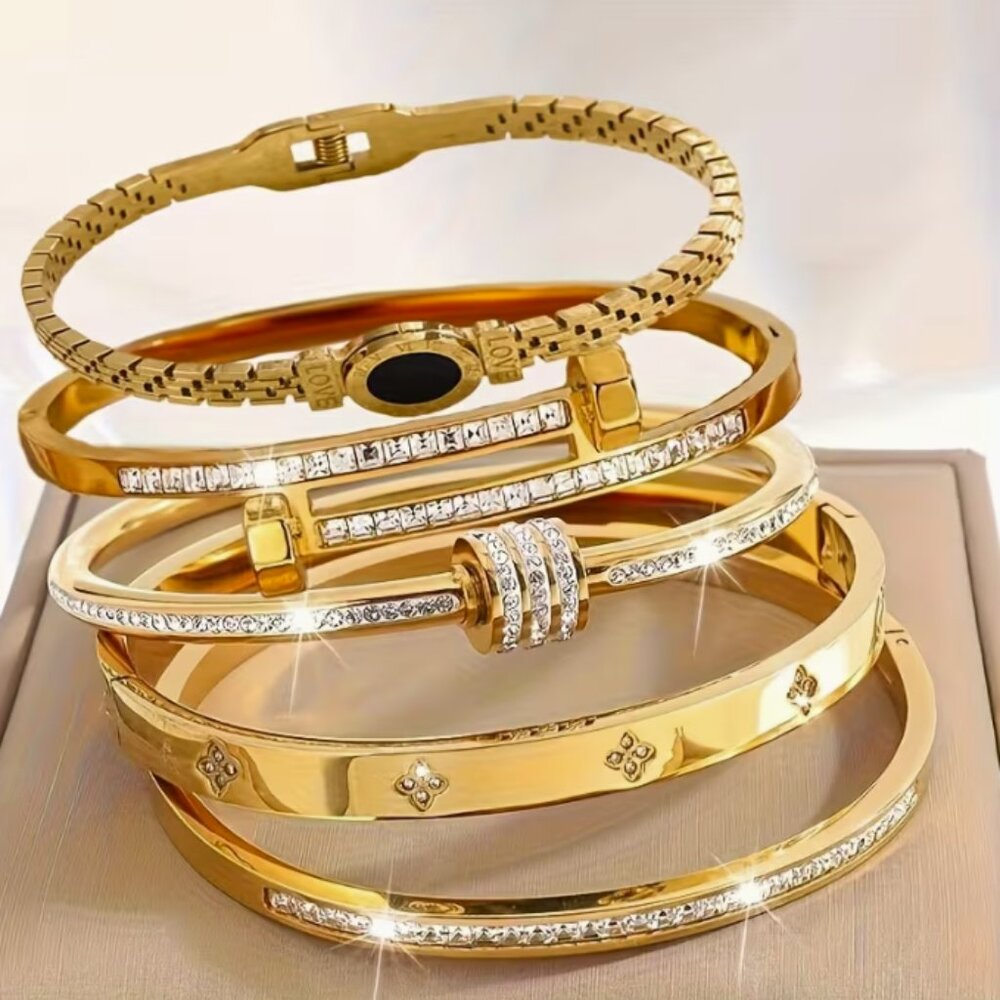 5pcs Set Elegant & Fashionable18k Gold Plated Stainless Steel Bracelet